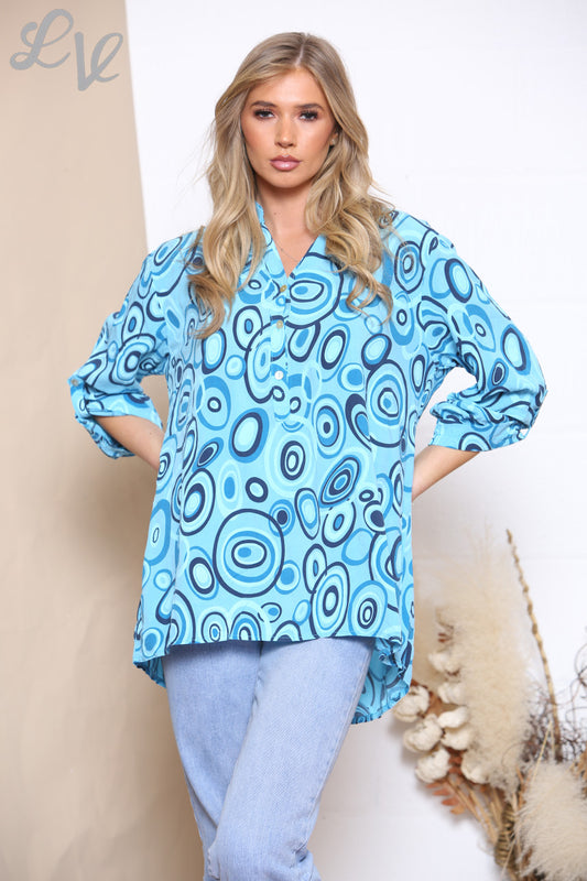 Ladies Circle Swirl Print Shirt Top Turquoise