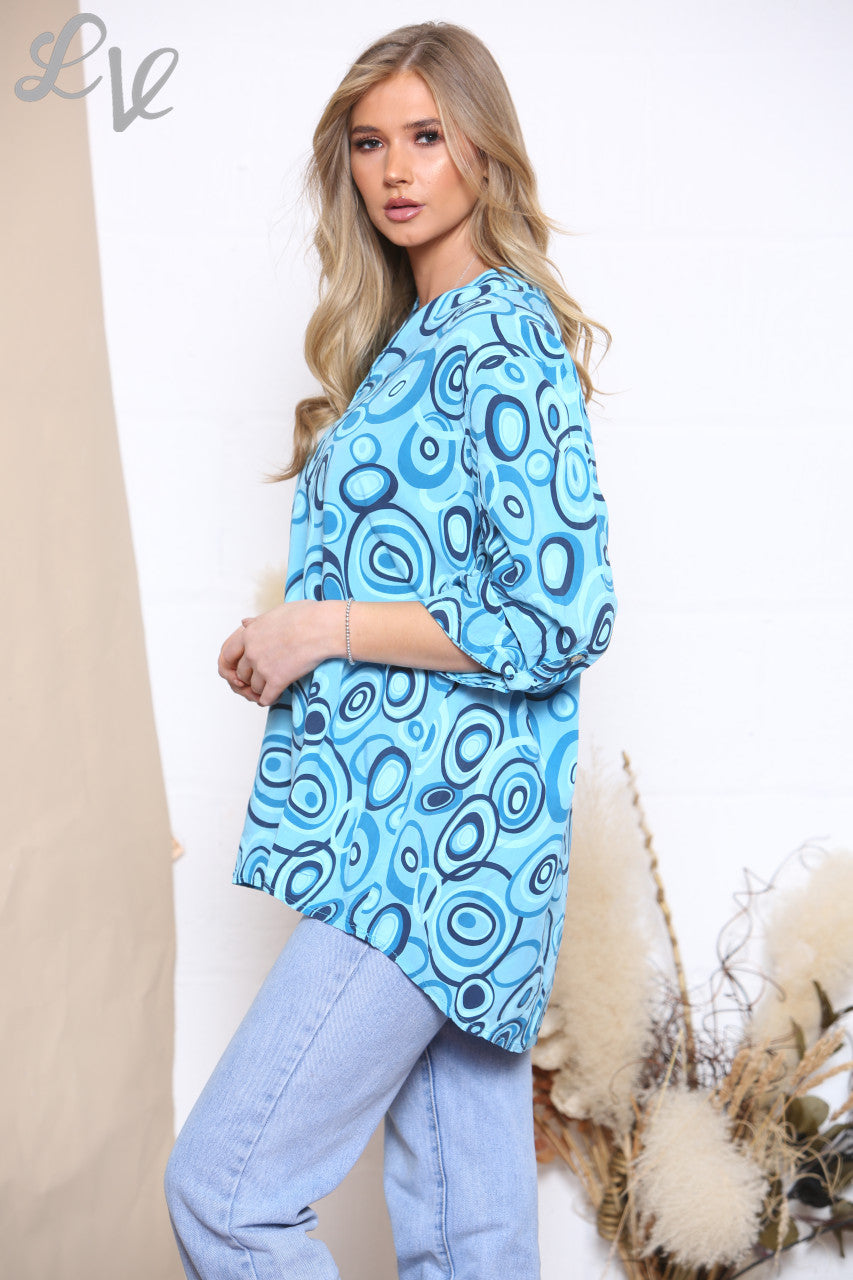 Ladies Circle Shirt Top met Draaiende Print Turkoois