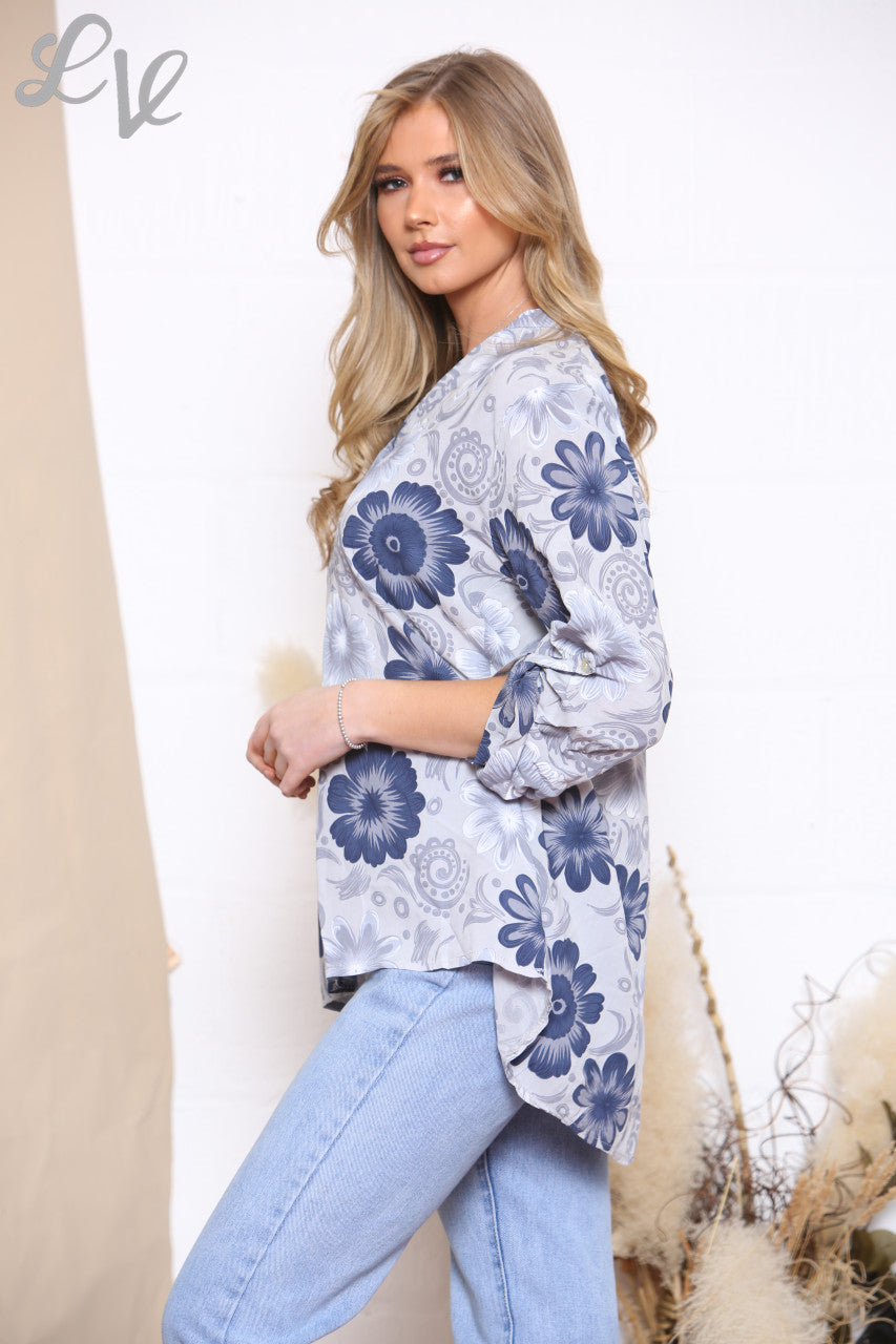 Ladies Floral Paisley Print Shirt Top Grey