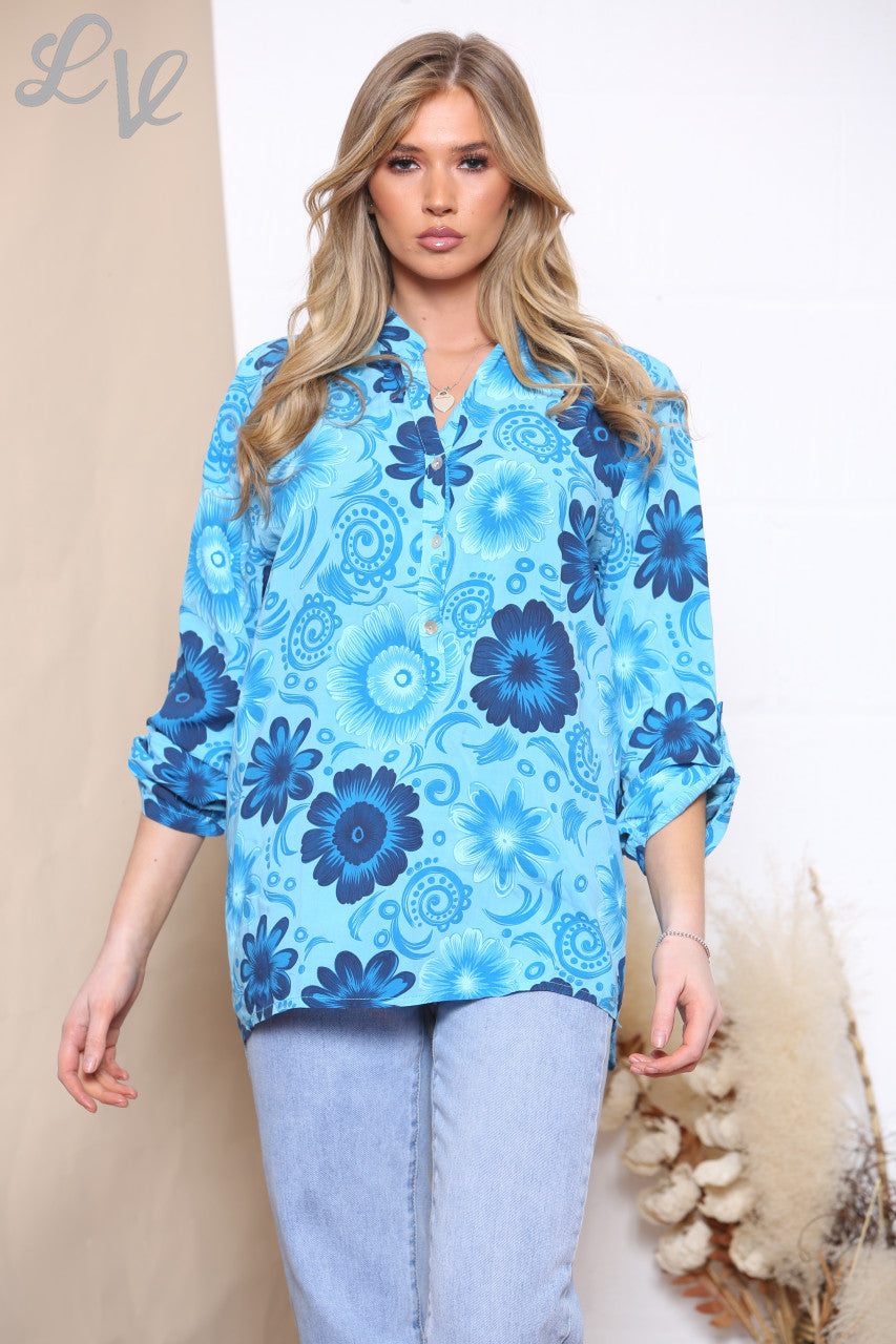 Ladies Floral Paisley Print Shirt Top Turquoise