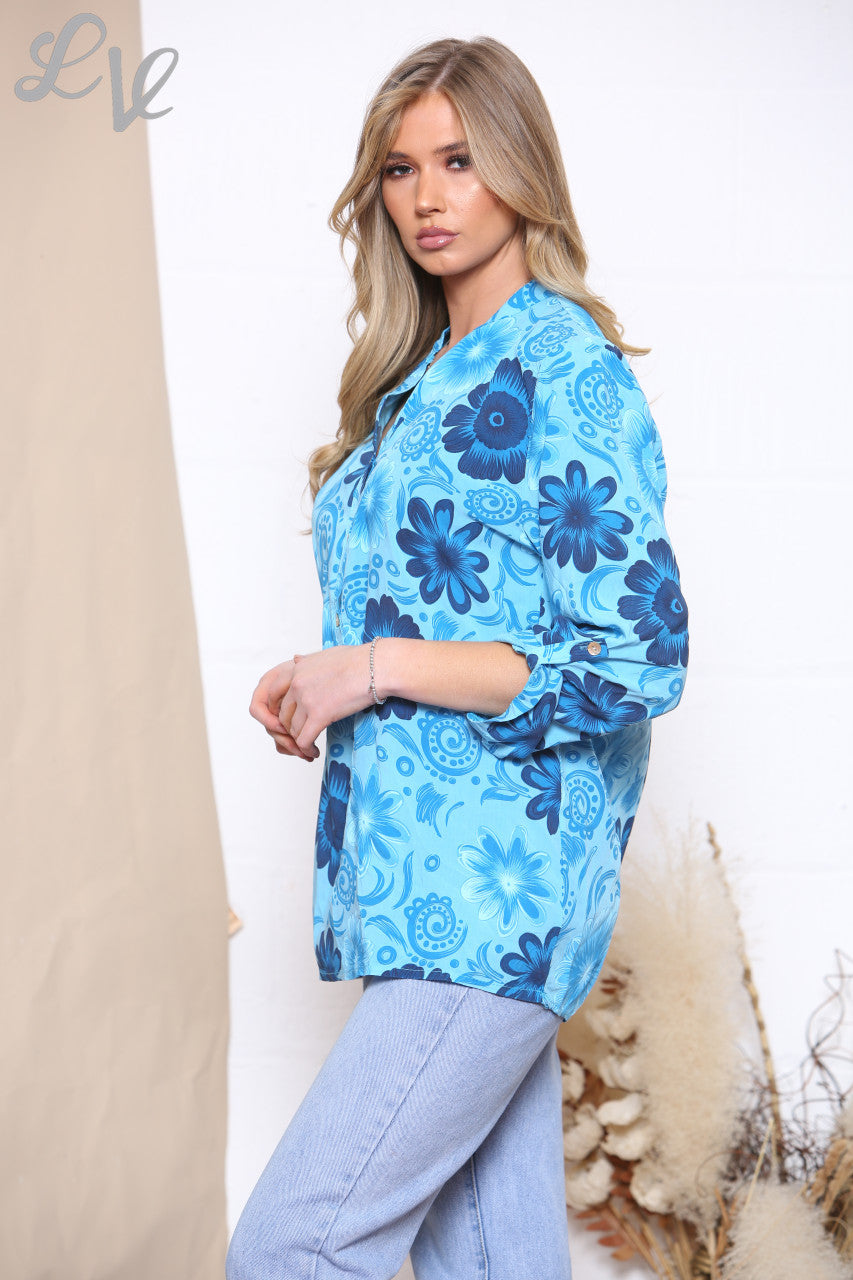 Ladies Floral Paisley Print Shirt Top Turquoise
