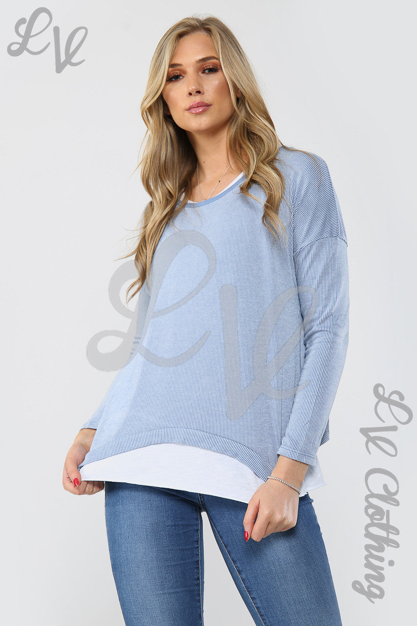Dames dubbellaags geribbelde top spijkerstof - Stukprijs € 9,99