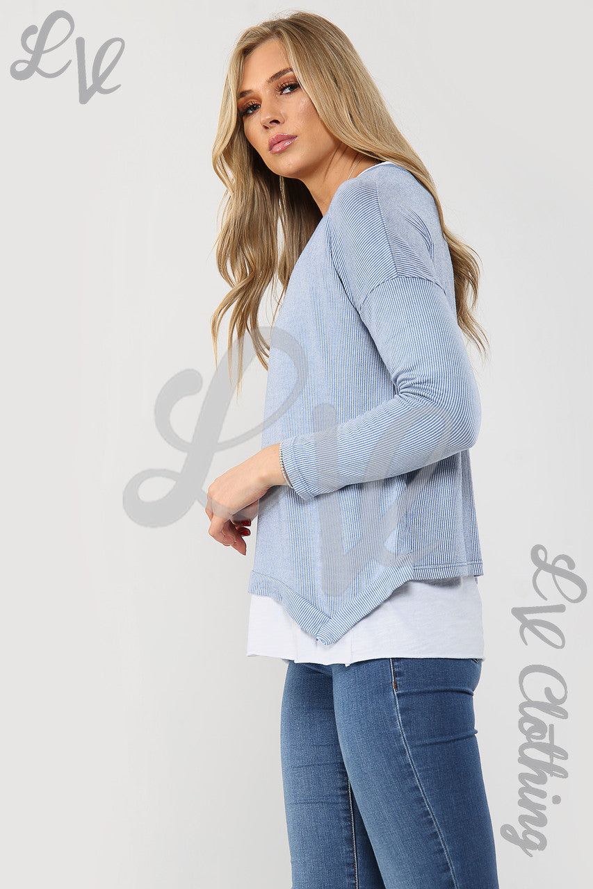 Dames dubbellaags geribbelde top spijkerstof - Stukprijs € 9,99
