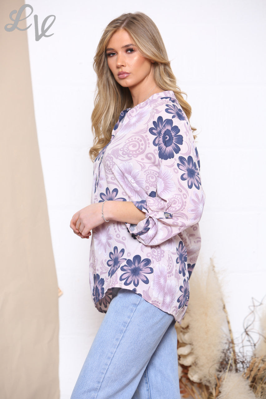 Ladies Floral Paisley Print Shirt Top Dusty Pink