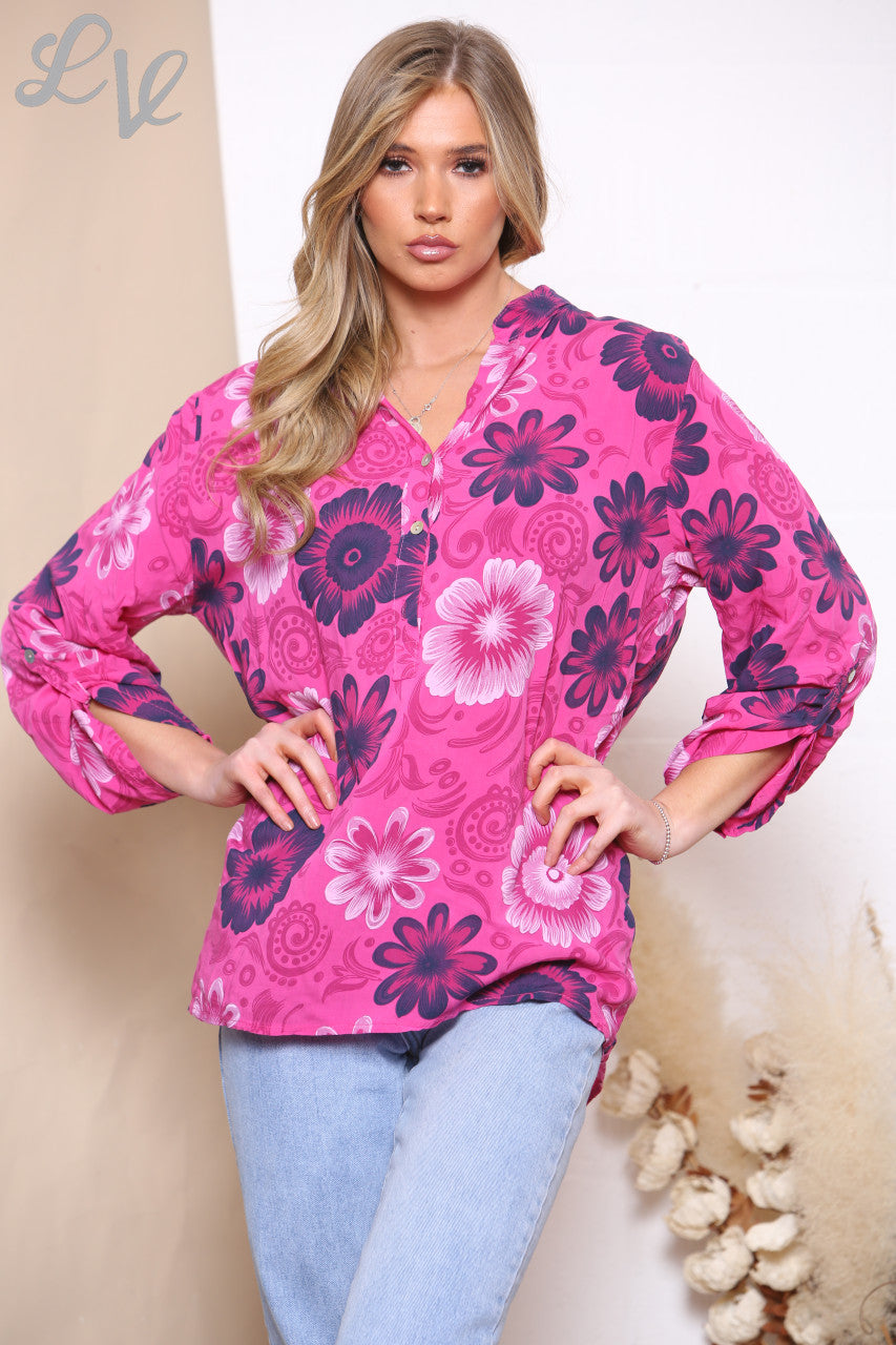Ladies Floral Paisley Print Shirt Top Cerise