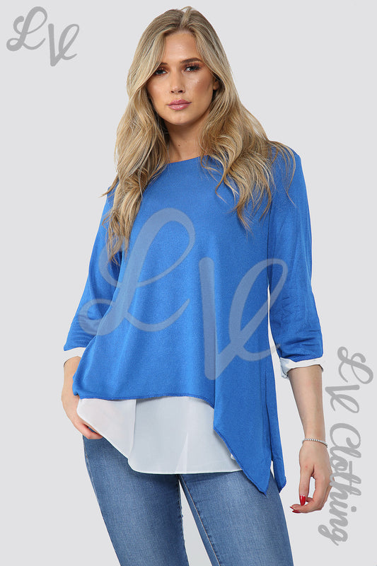 Ladies double-layer shirt, royal blue top with white front asymmetric hem and 3/4 sleeves