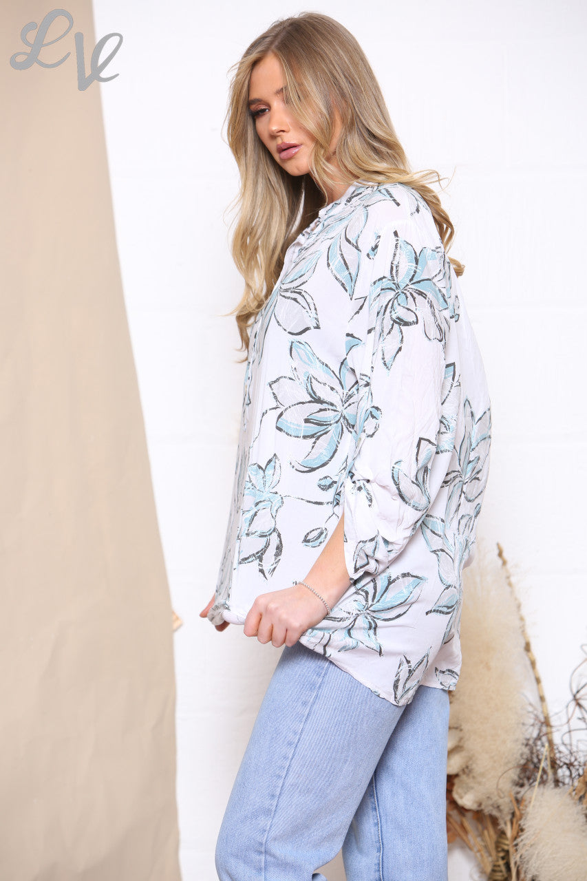 Ladies Flowers Print Shirt Top White