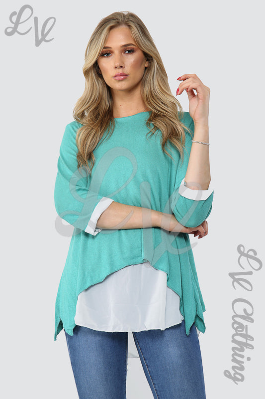 Turquoise double-layer ladies shirt top with white hem and three-quarter sleeves