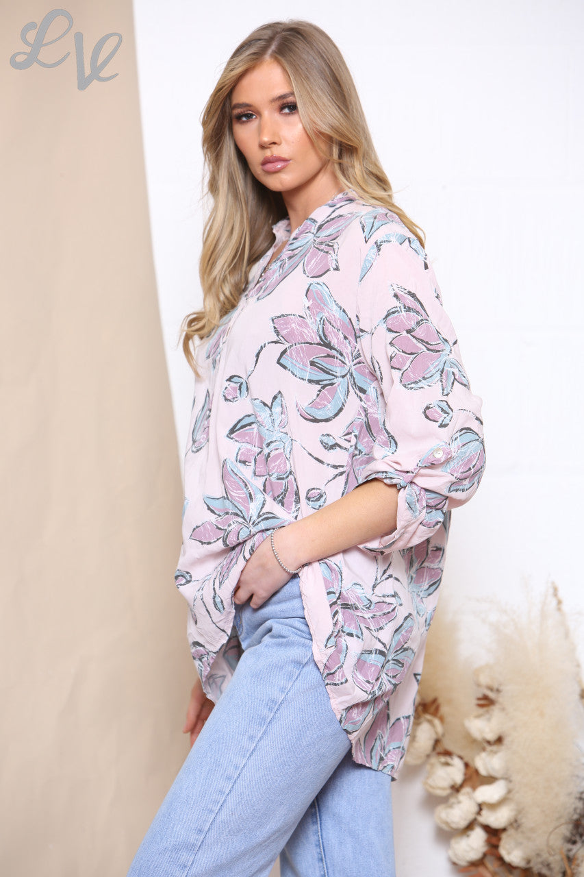 Ladies Flowers Print Shirt Top Dusty Pink