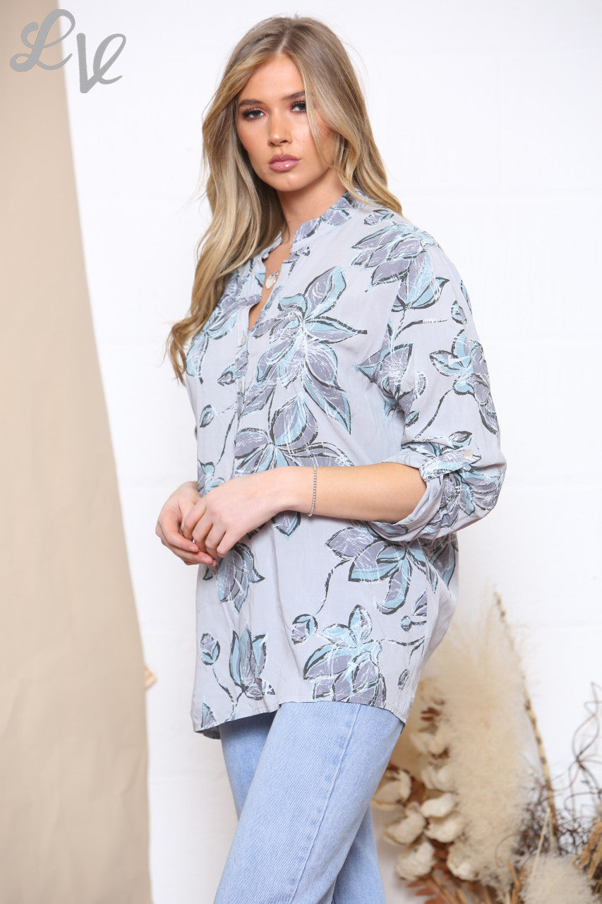 Ladies Flowers Print Shirt Top Grey