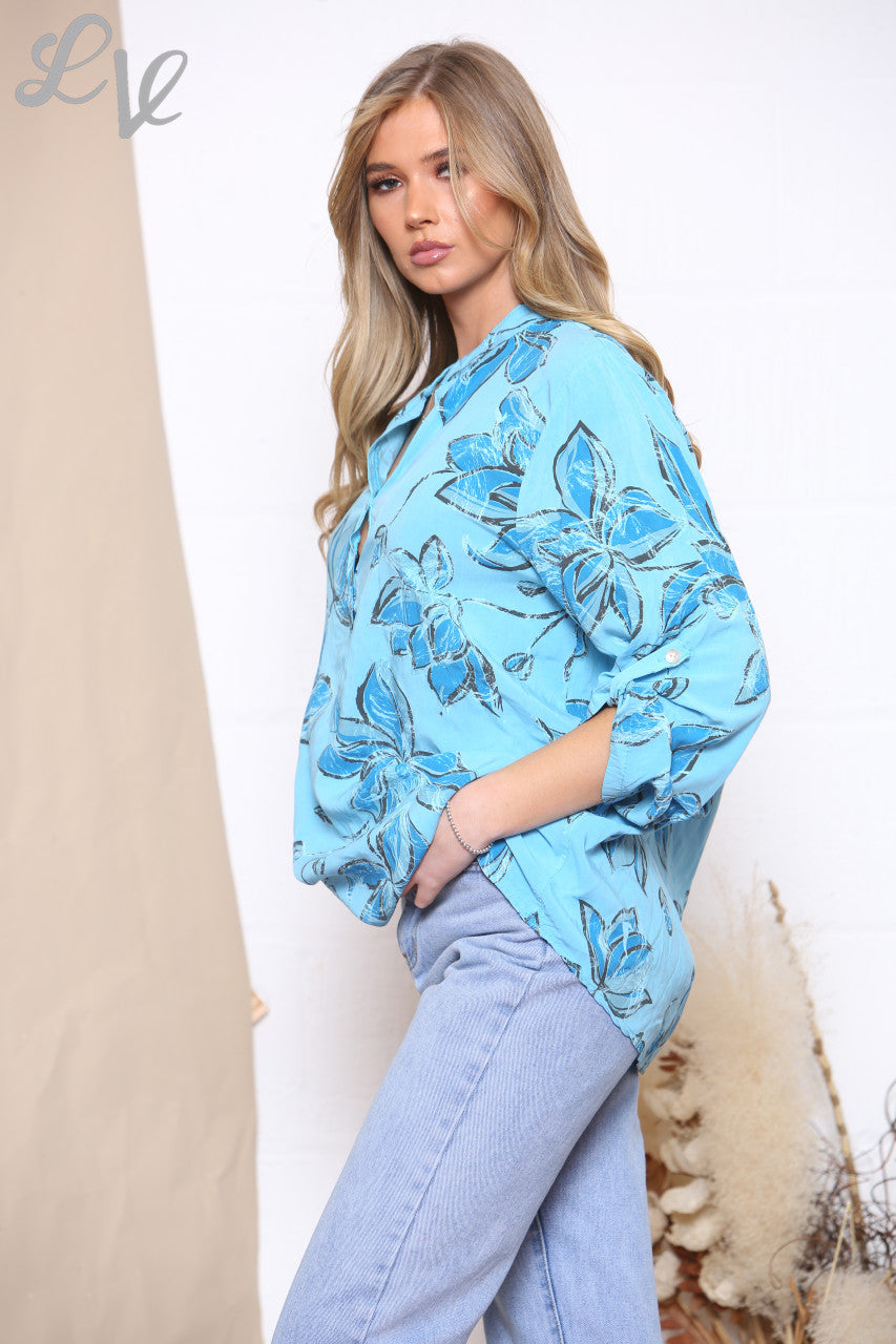 Ladies Flowers Print Shirt Top Turquoise