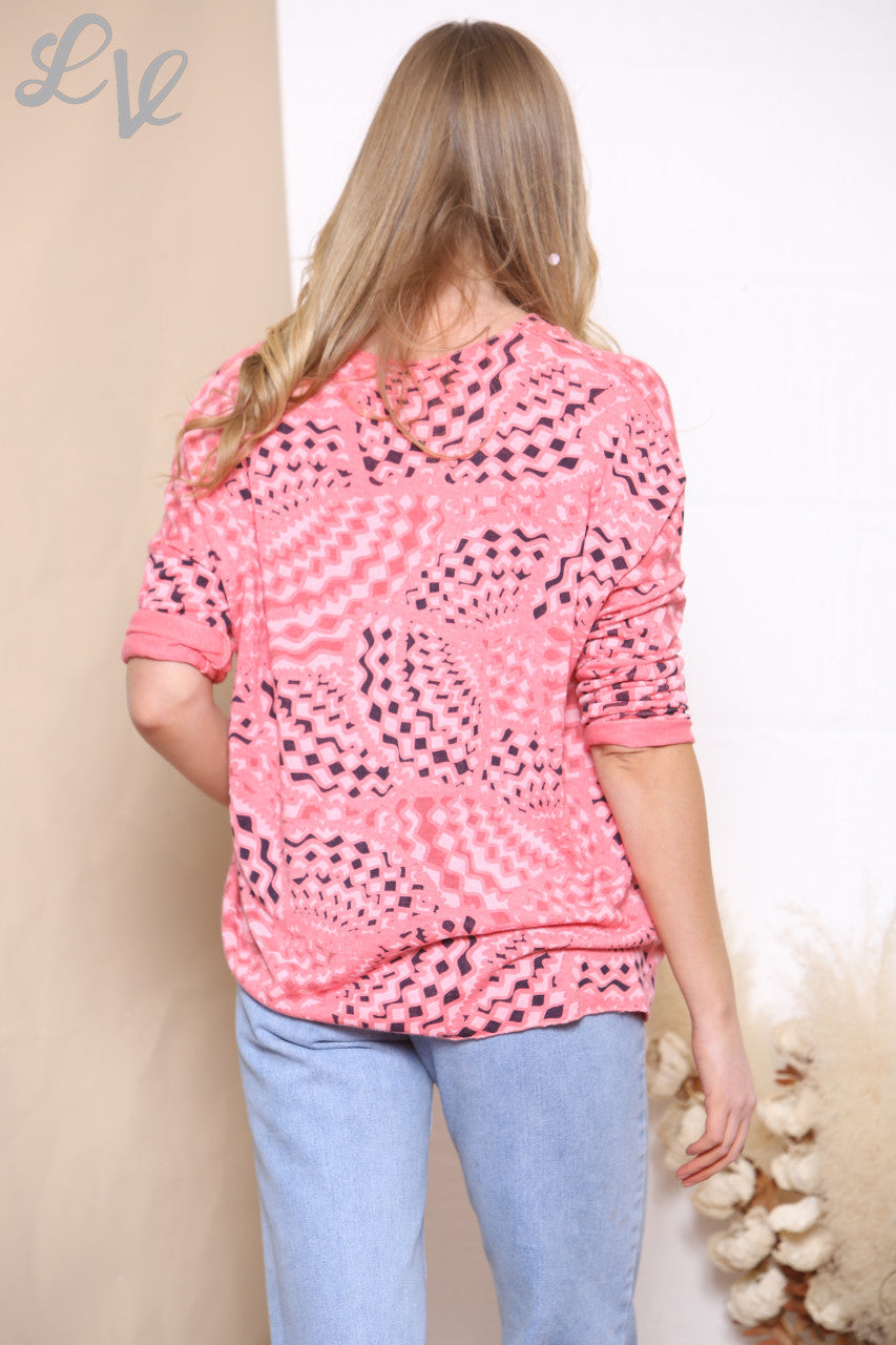 Dames Fijngebreide Trui met Geometrische Print Koraal