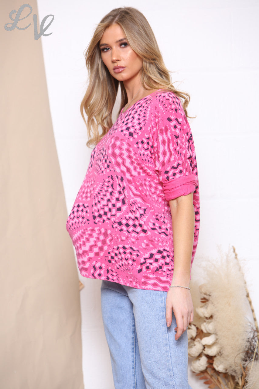 Ladies Geometric Print Fine Knit Jumper Top Cerise