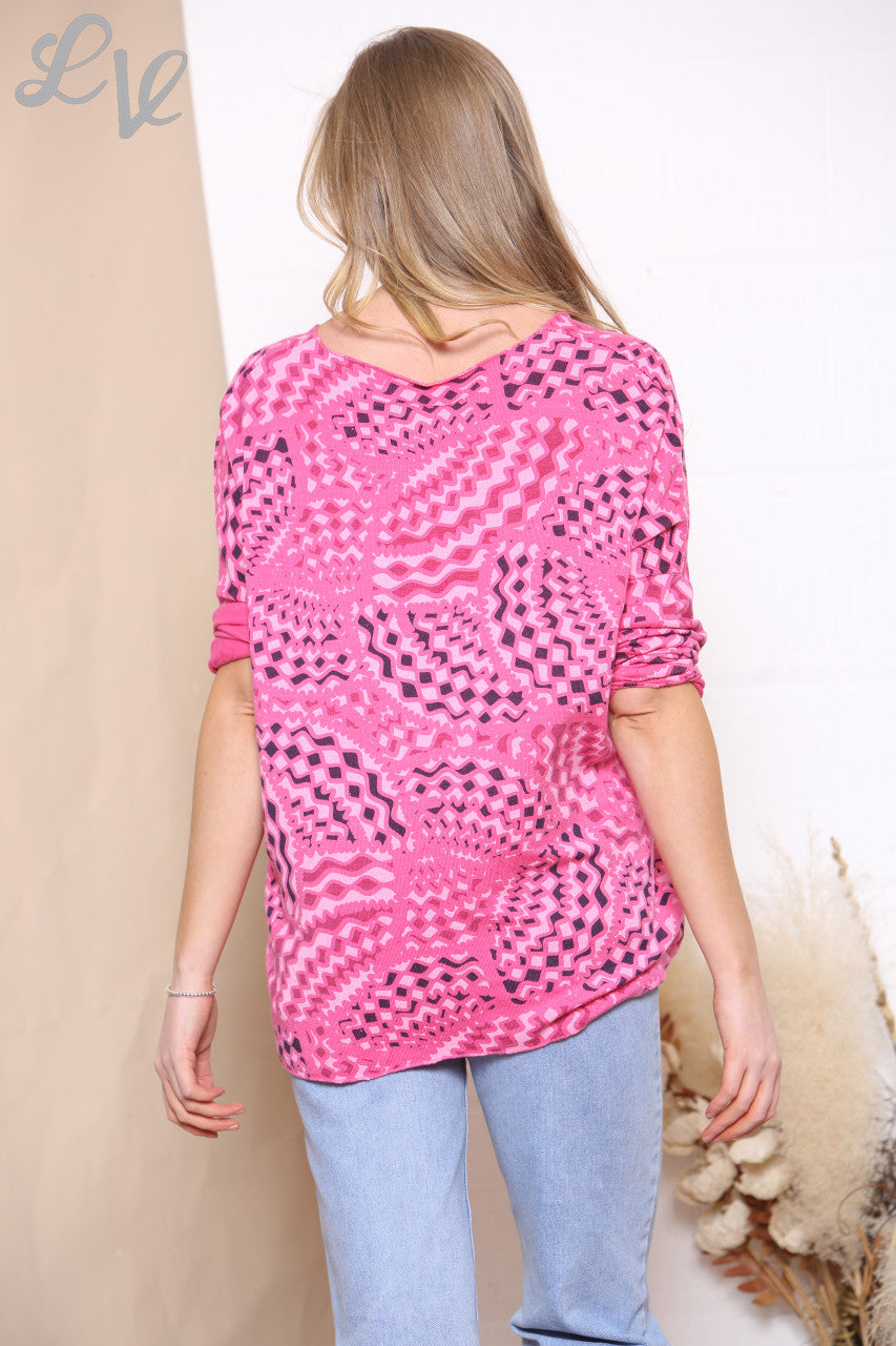 Ladies Geometric Print Fine Knit Jumper Top Cerise