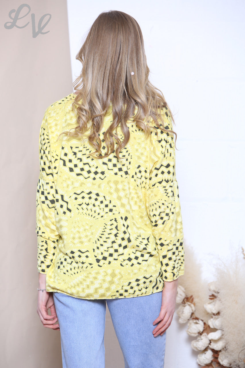 Ladies Geometric Print Fine Knit Jumper Top Lemon