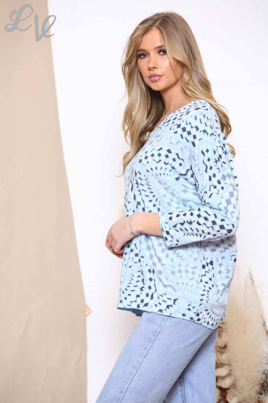 Dames fijnegebreide trui met geometrische print, lichtblauw
