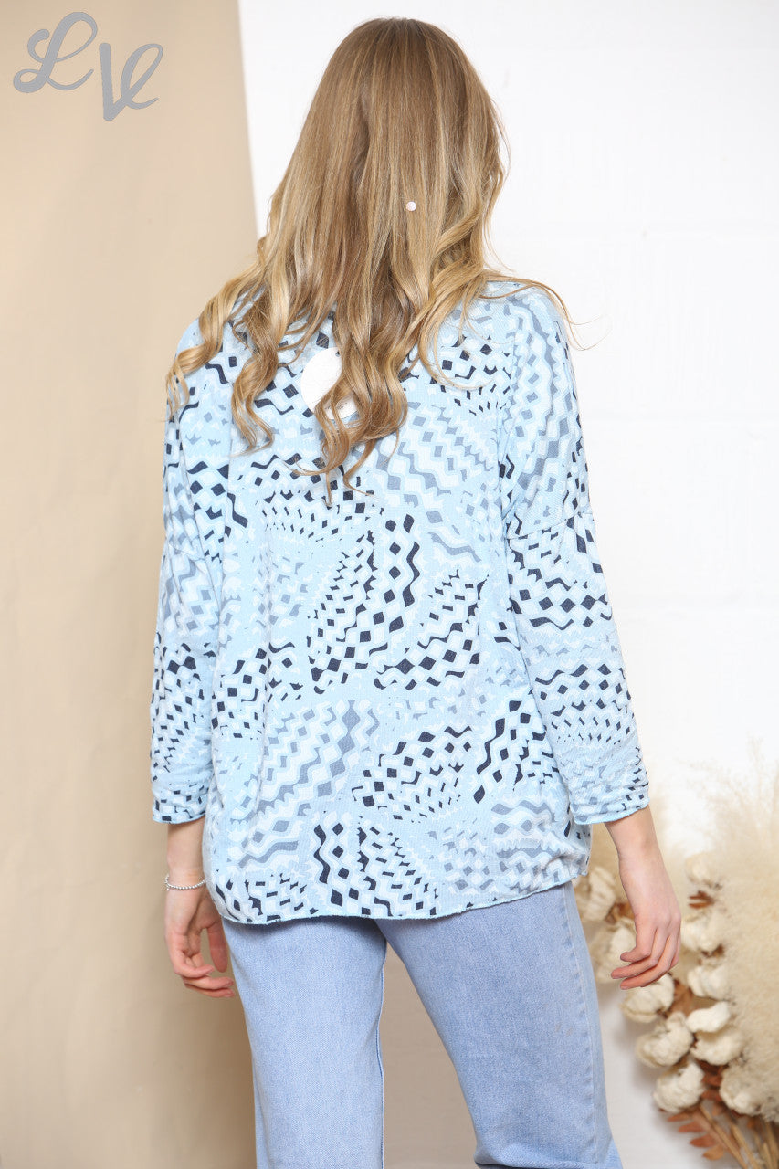 Dames fijnegebreide trui met geometrische print, lichtblauw