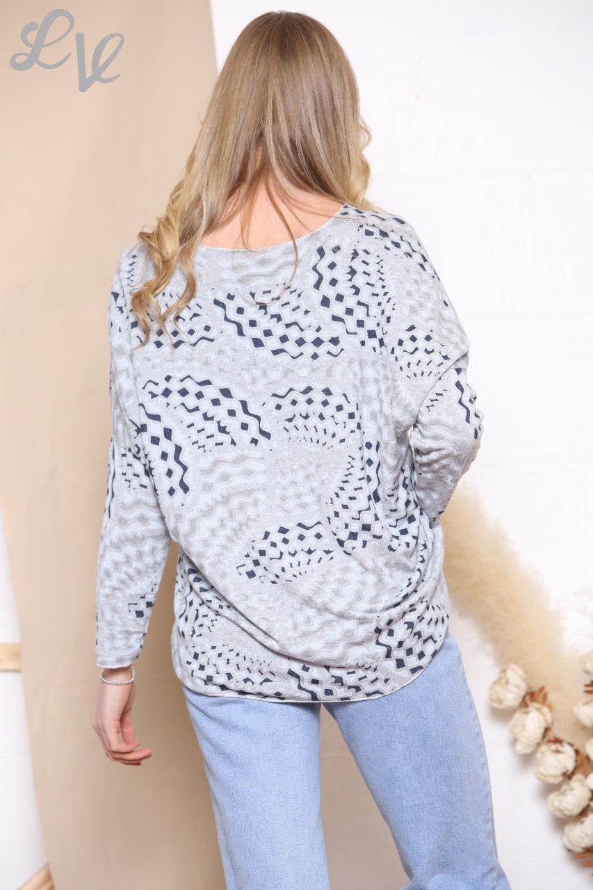 Ladies Geometric Print Fine Knit Jumper Top Grey