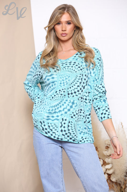 Ladies Geometric Print Fine Knit Jumper Top Turquoise