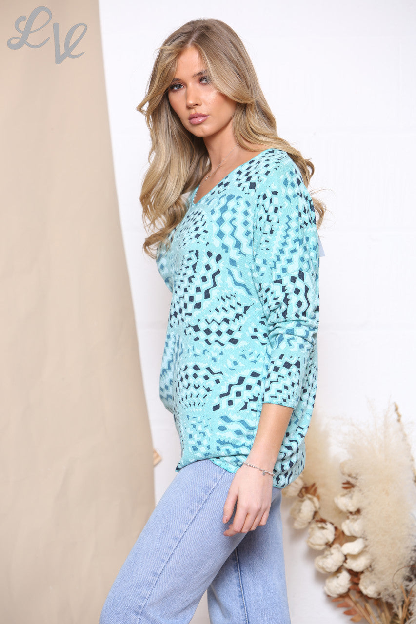 Ladies Geometric Print Fine Knit Jumper Top Turquoise