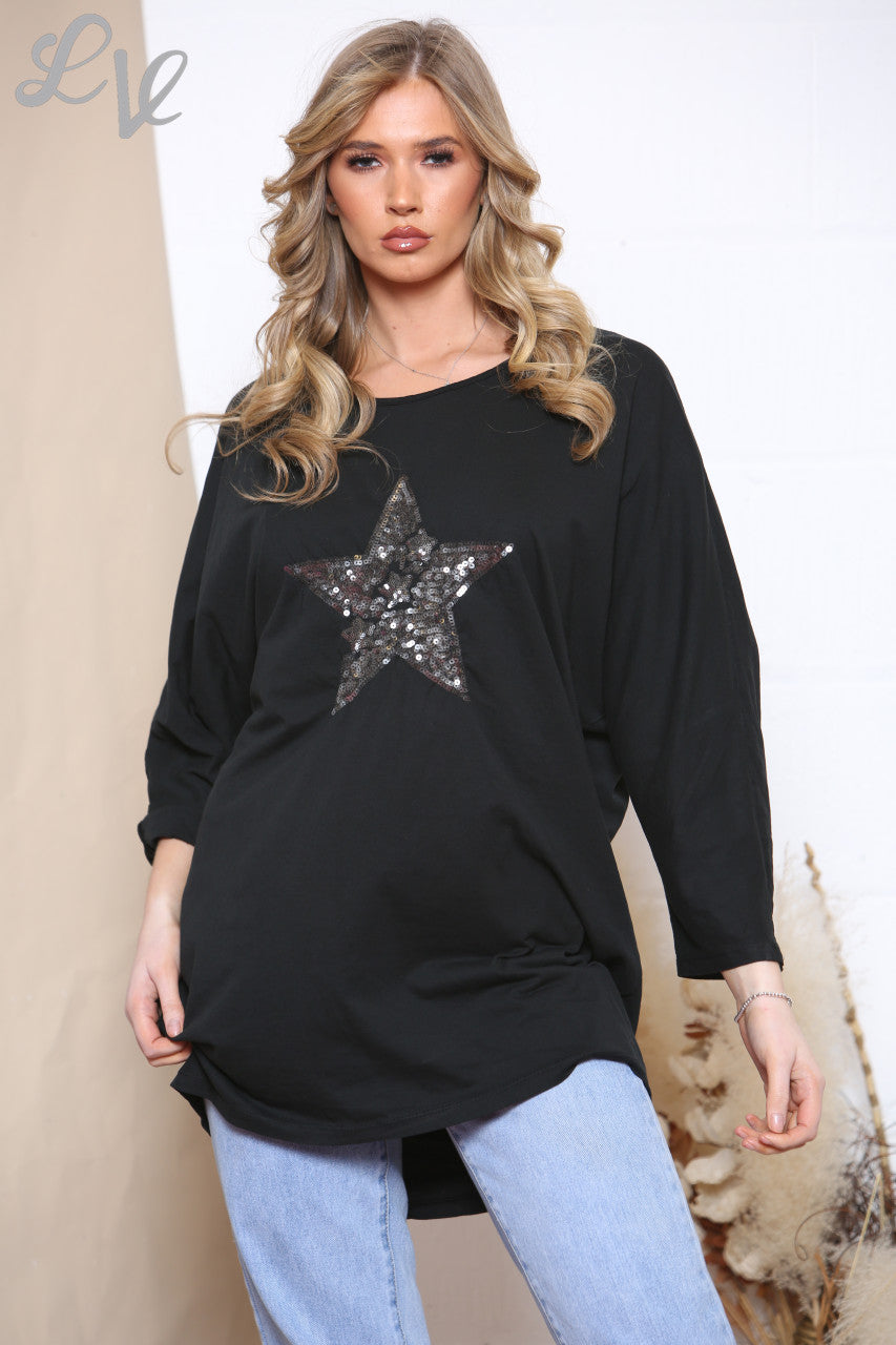 Ladies Star Front & Twist Back Detail Sweatshirt Top Black
