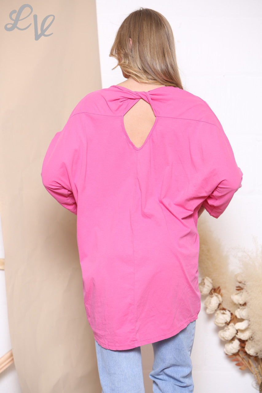 Ladies Star Front & Twist Back Detail Sweatshirt Top Cerise