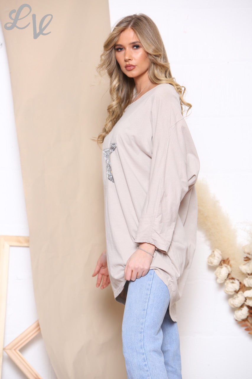 Ladies Star Front & Twist Back Detail Sweatshirt Top Stone