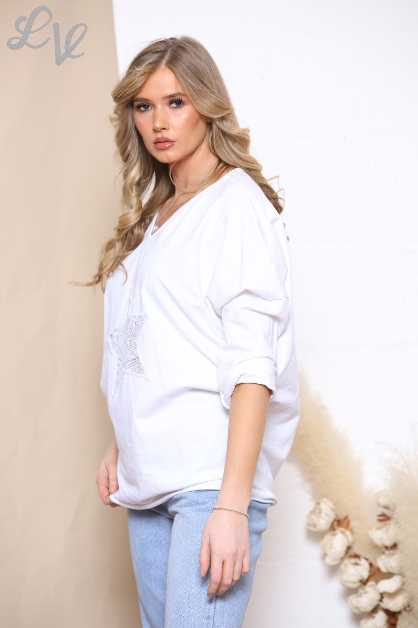 Dames Sequin Ster Top Wit