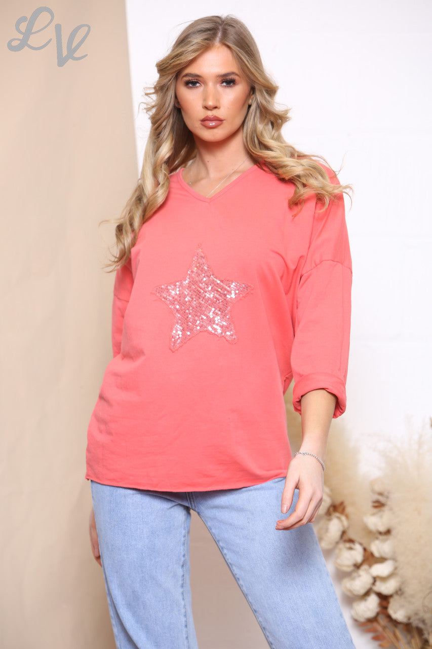 Ladies Sequin Star Front Top Coral