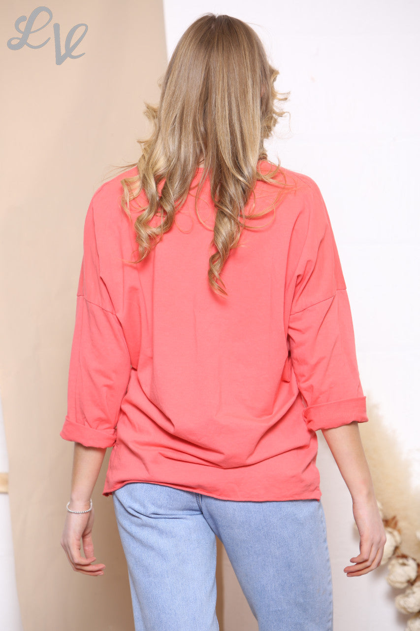 Ladies Sequin Star Front Top Coral