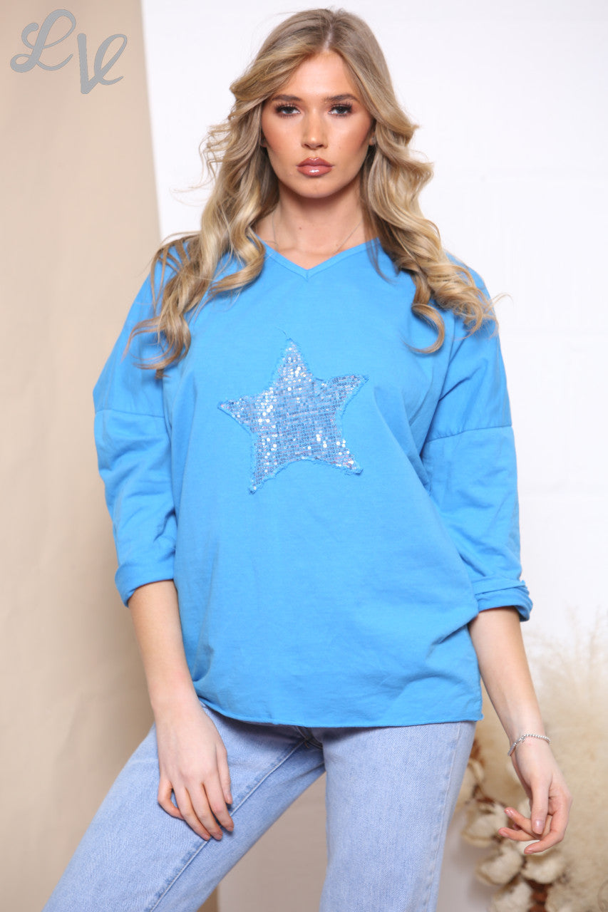Ladies Sequin Star Front Top Turquoise