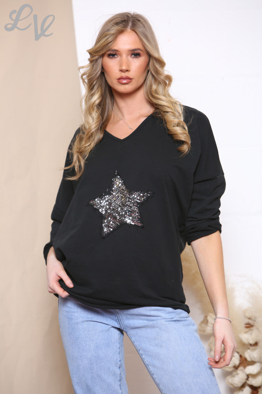 Ladies Sequin Star Front Top Black