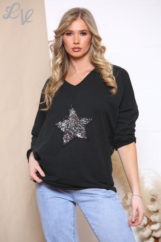 Ladies Sequin Star Front Top Black