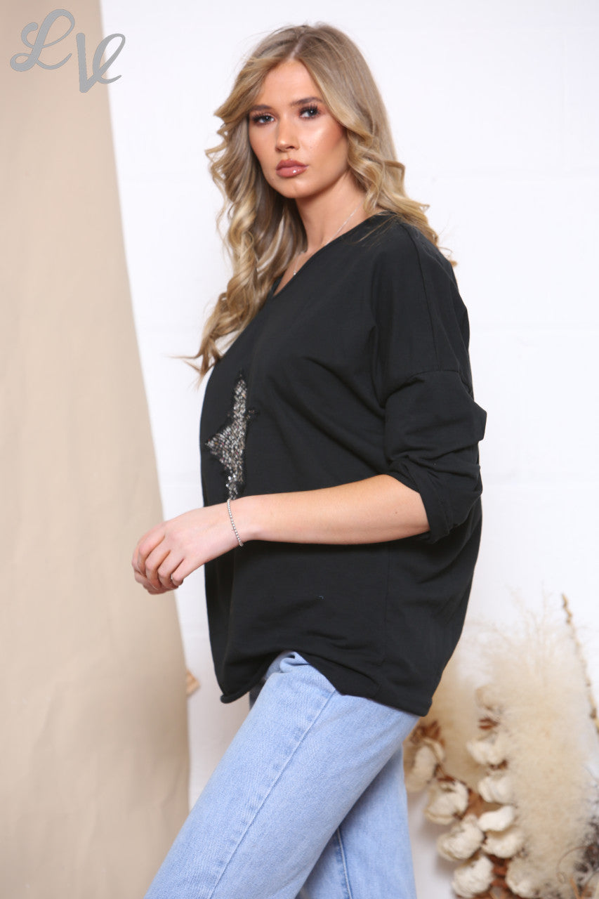 Ladies Sequin Star Front Top Black