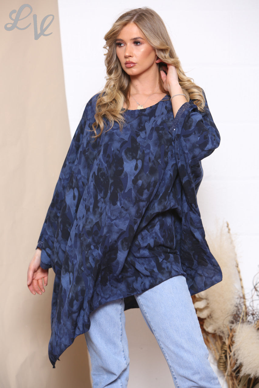 Dames Camouflageprint Batwing Top Marineblauw