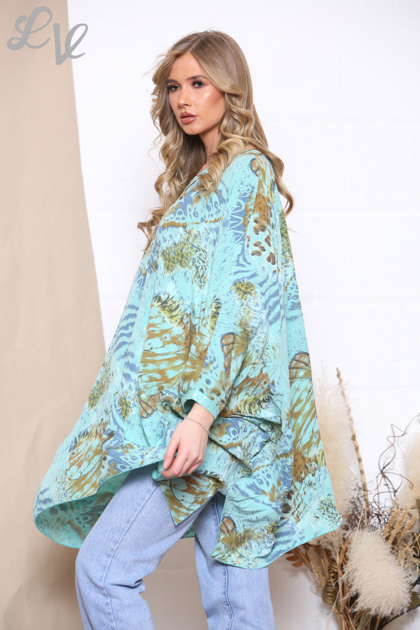 Ladies Animal Print Batwing Top Turquoise