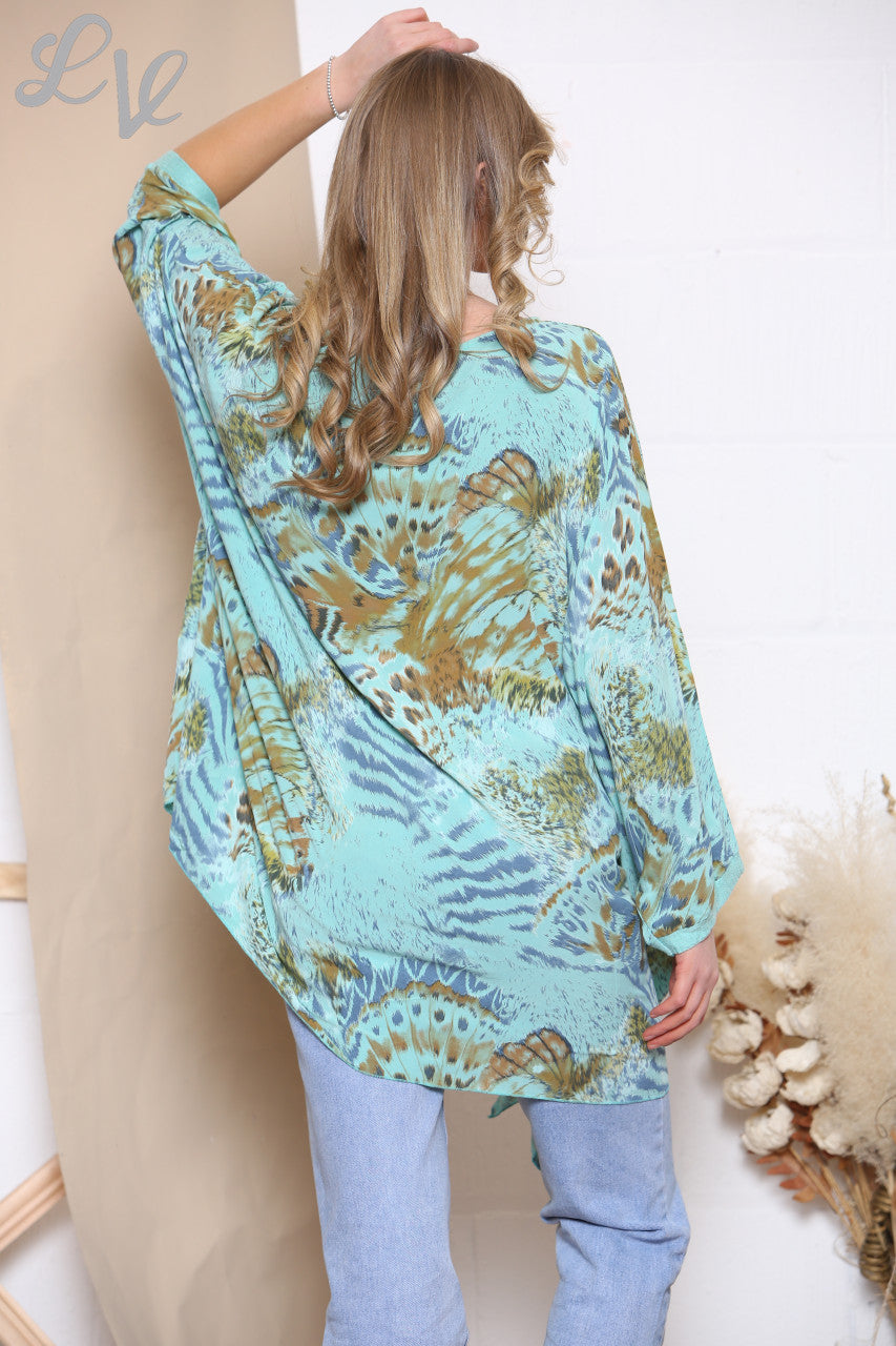 Ladies Animal Print Batwing Top Turquoise