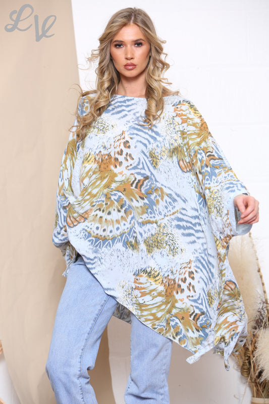 Dames Top Met Dierenprint En Vleermuismouwen Hemelsblauw