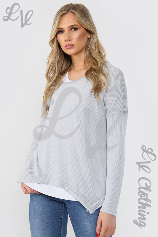 Ladies double-layer ribbed top, light silver, long sleeves with scoop neckline