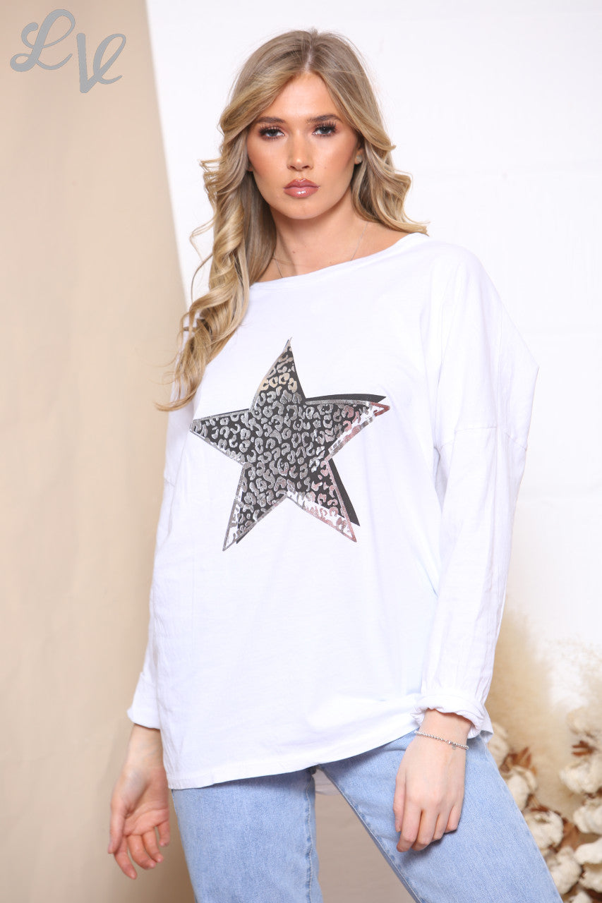 Ladies Leopard Print Foil Star Top White
