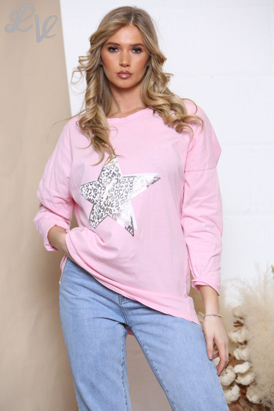 Ladies Leopard Print Foil Star Top Pink