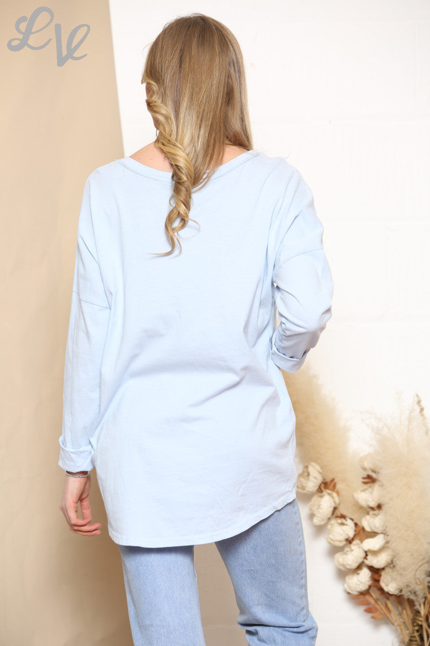 Dames top met luipaardprint en folie ster, hemelsblauw