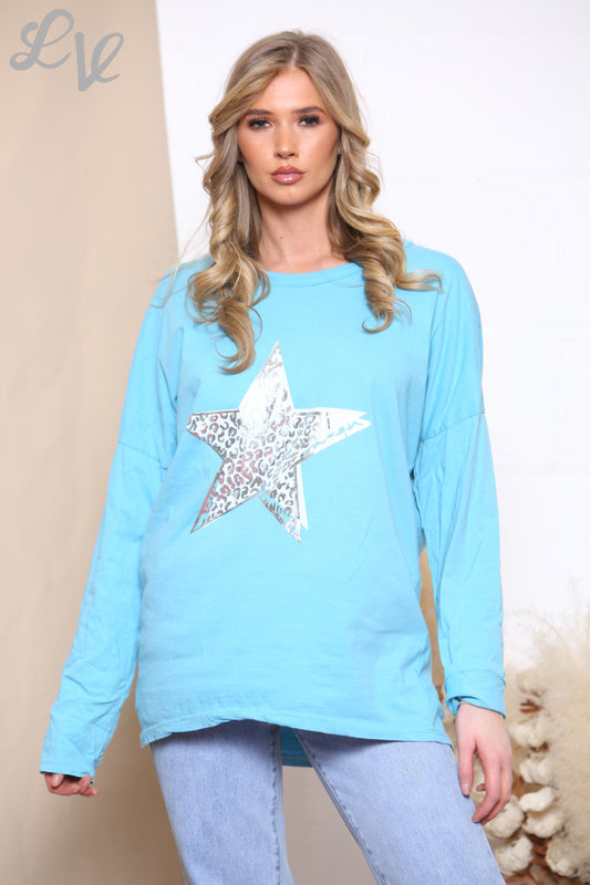 Ladies Leopard Print Foil Star Top Turquoise