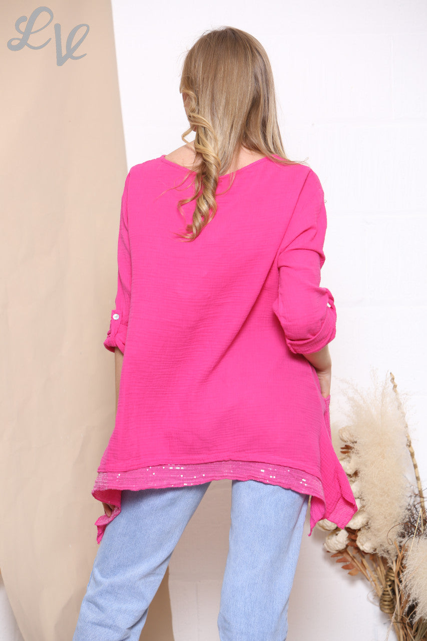 Ladies Textured Top With Sequin Hemline Cerise