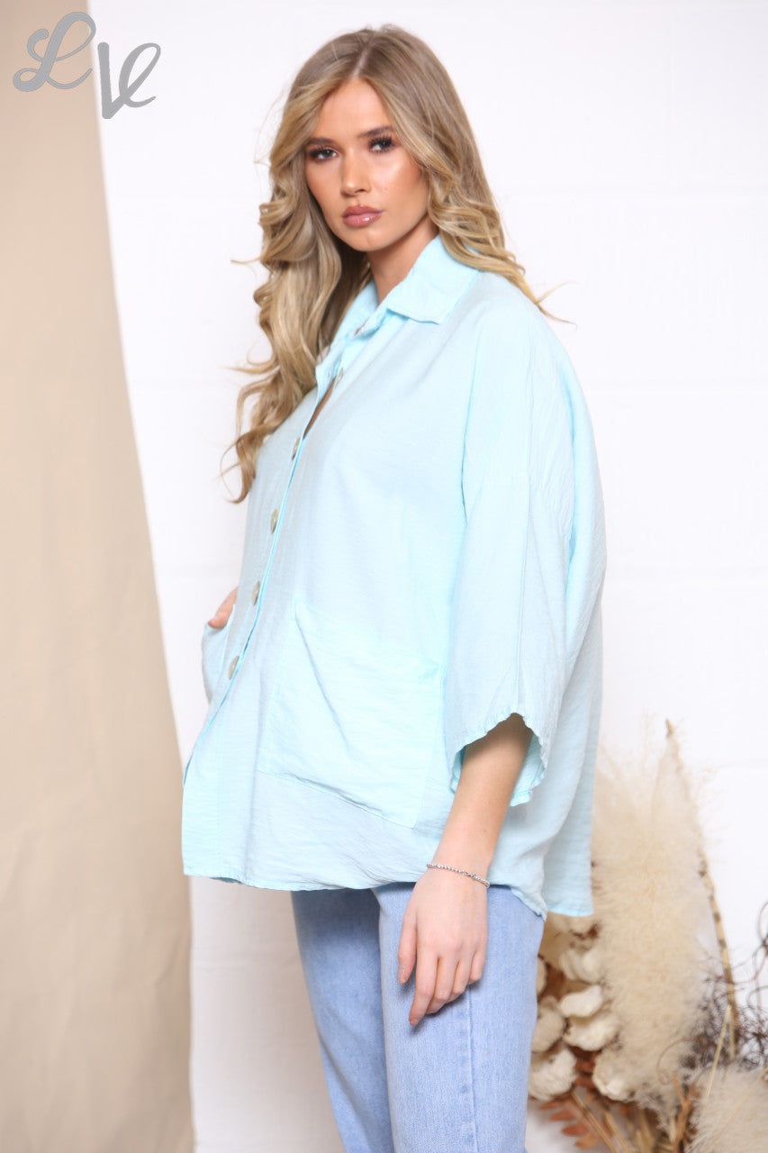 Ladies Button Front Jacket Top Sky Blue