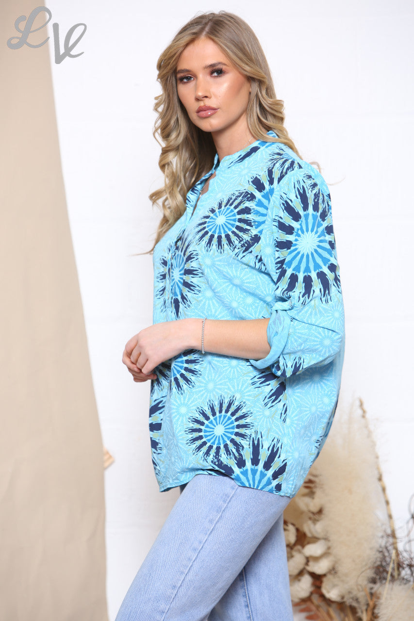 Ladies Tie Dye Circles Print Shirt Top Turquoise