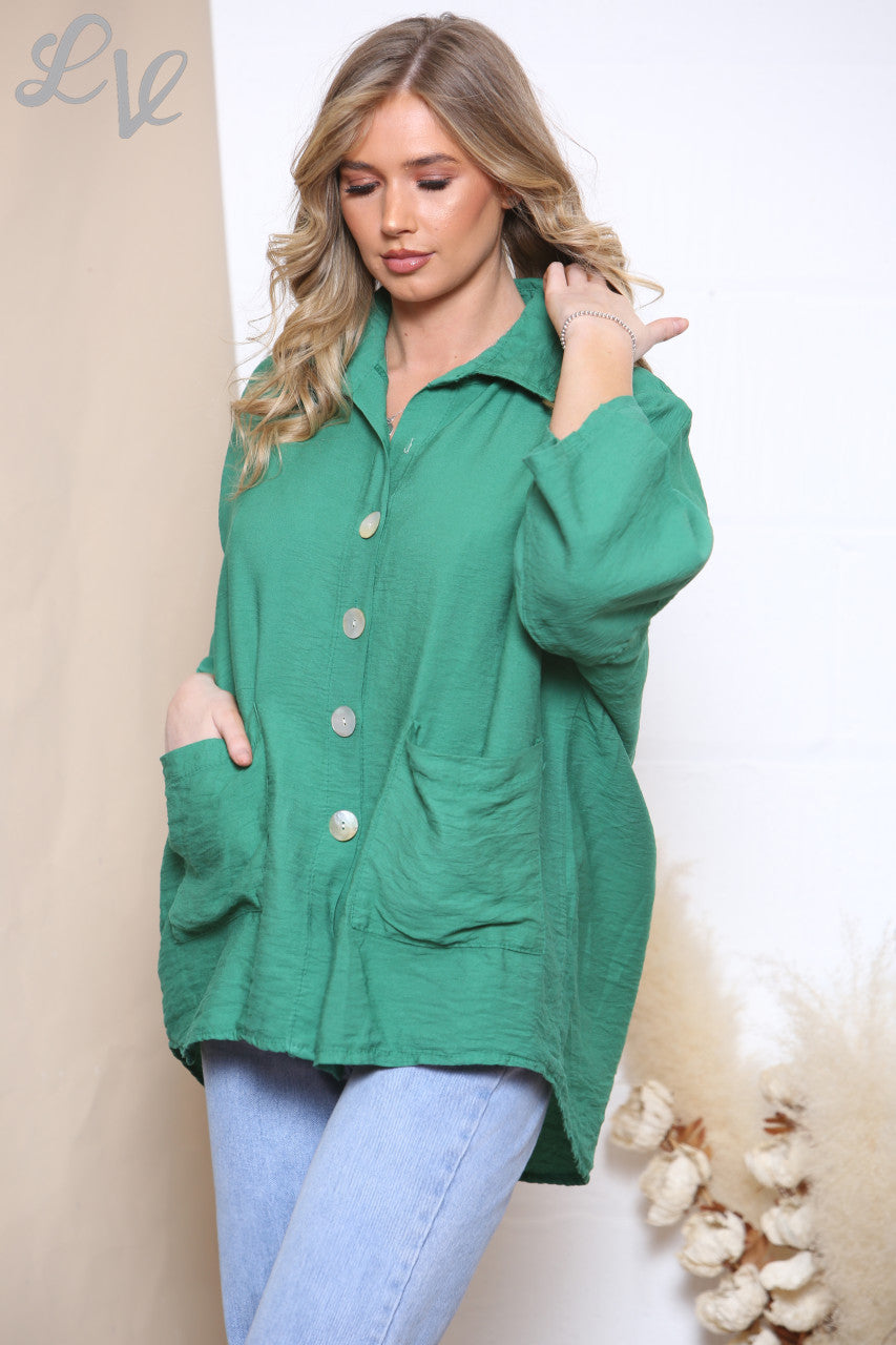 Ladies Button Front Jacket Top Green