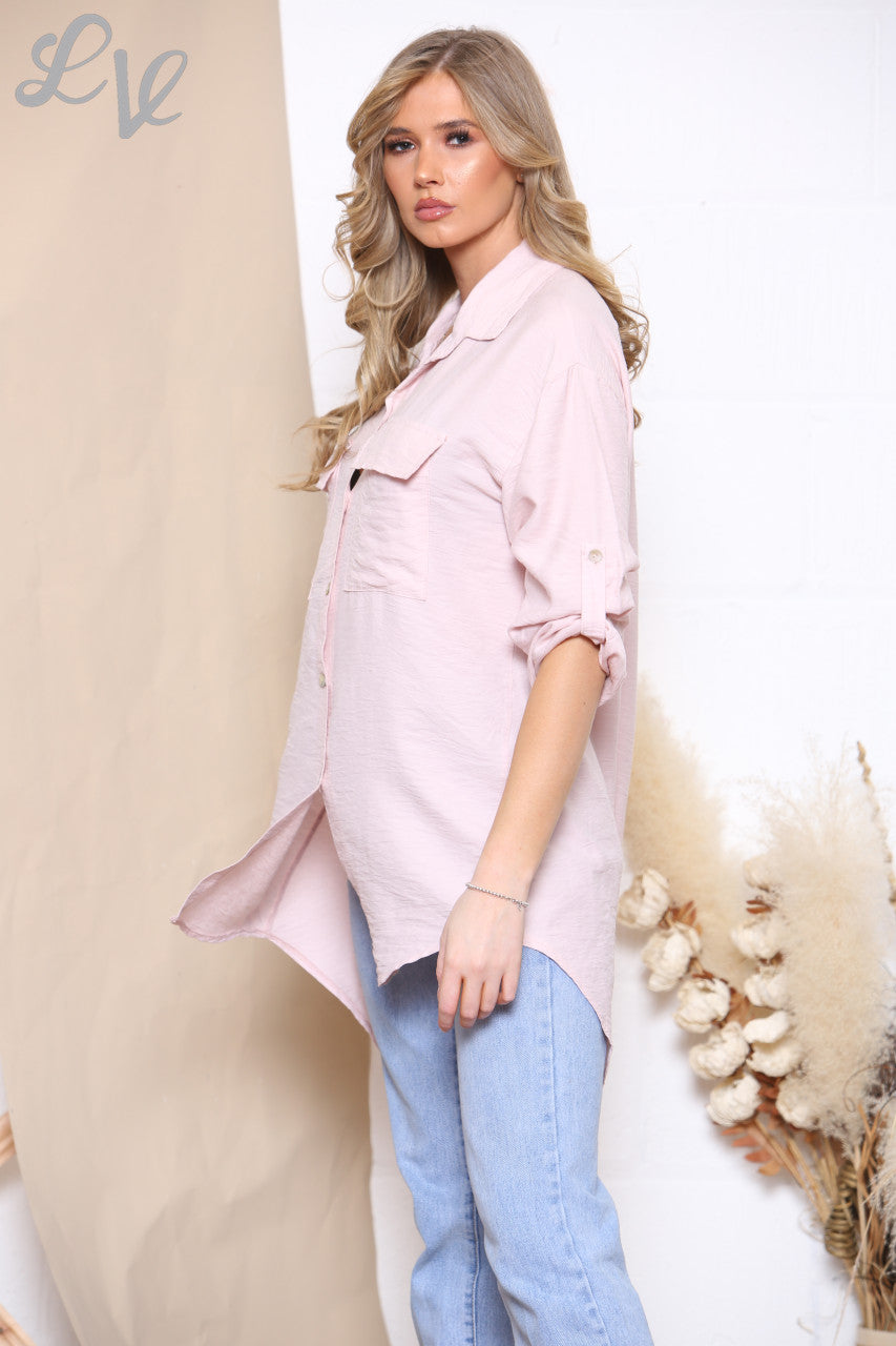 Ladies Pocket Front Button Up Longline Shirt Dusty Pink