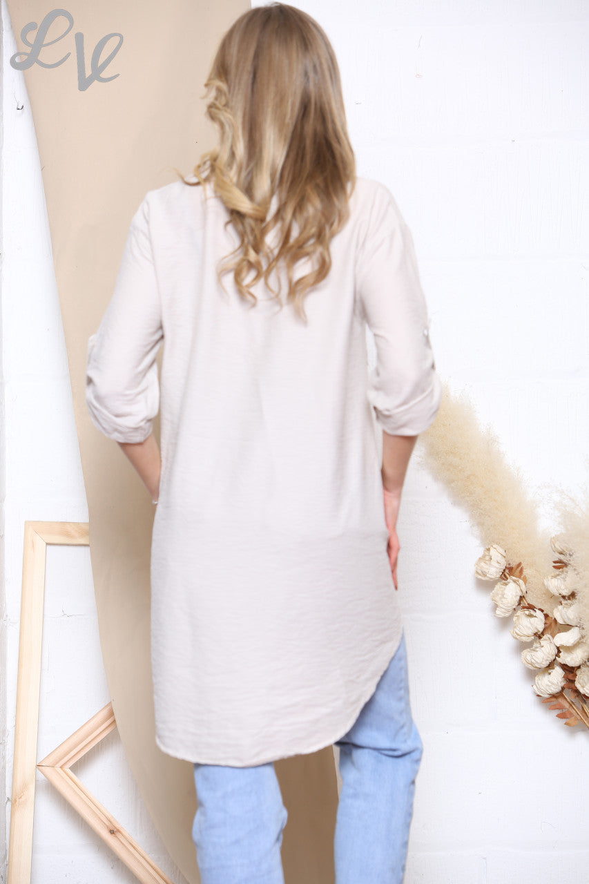 Ladies Pocket Front Button Up Longline Shirt Stone