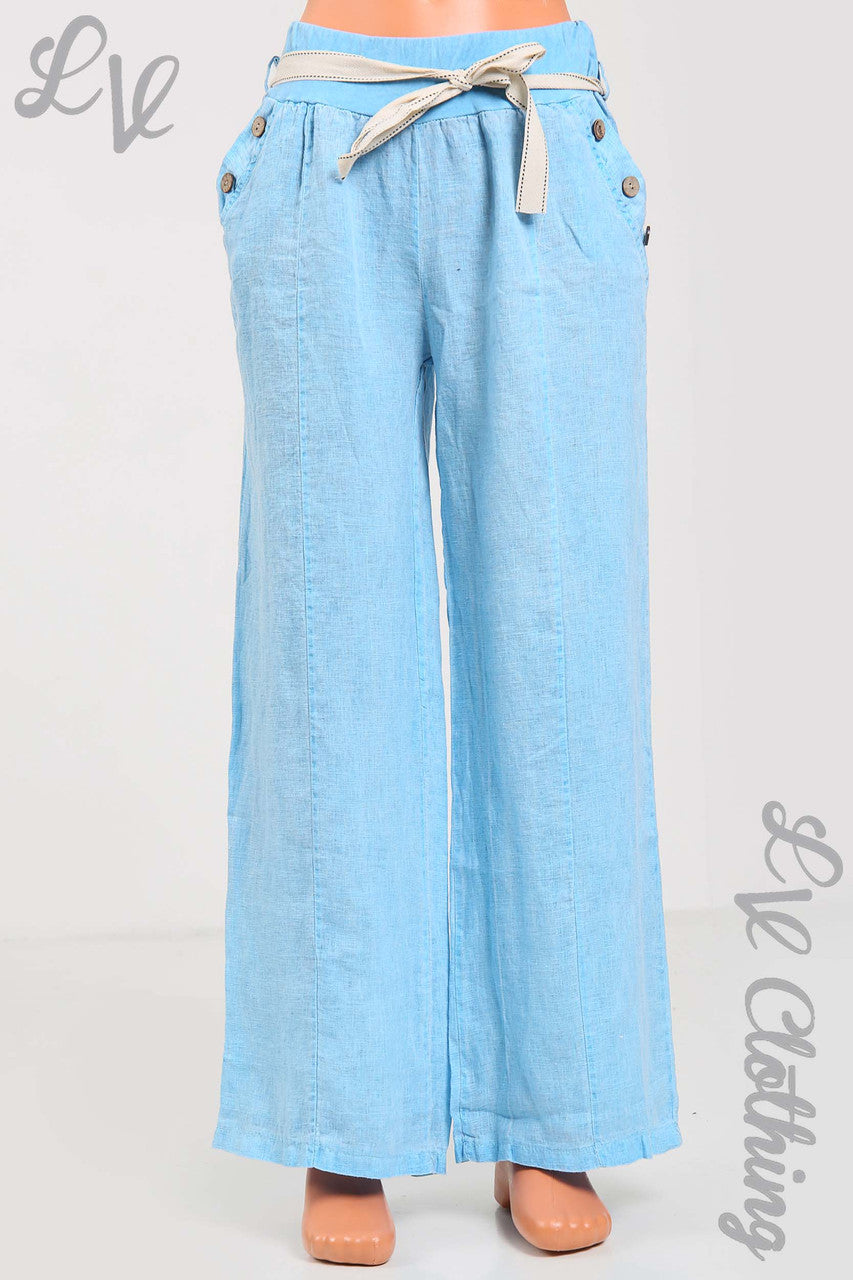 Ladies Elasticated Waist Linen Trousers With Button Pocket Detail & Belt Turquoise - Unit Price £17.99